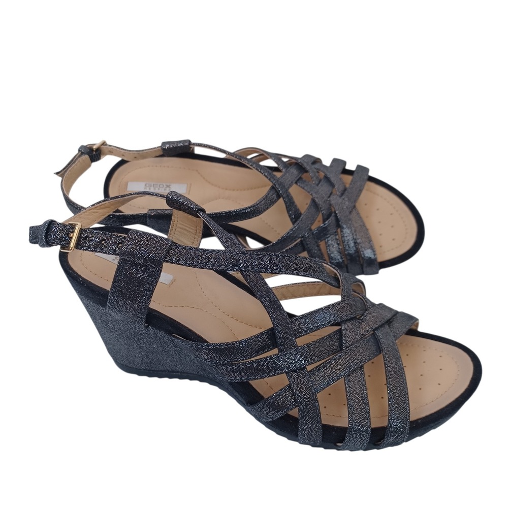 Geox Women's Black Metallic Strappy Wedge Sandals Size 36.5
